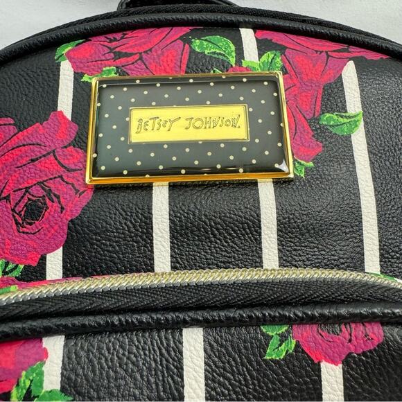 New Betsey Johnson Striped Floral Rose Small Backpack Purse - Picture 2 of 11
